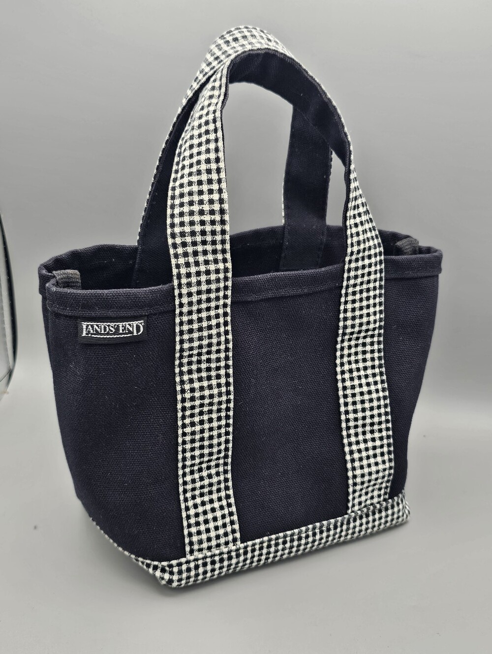 Lands End Mini Canvas Tote USA Made Black White Buffalo Plaid Strap 2000s Y2k